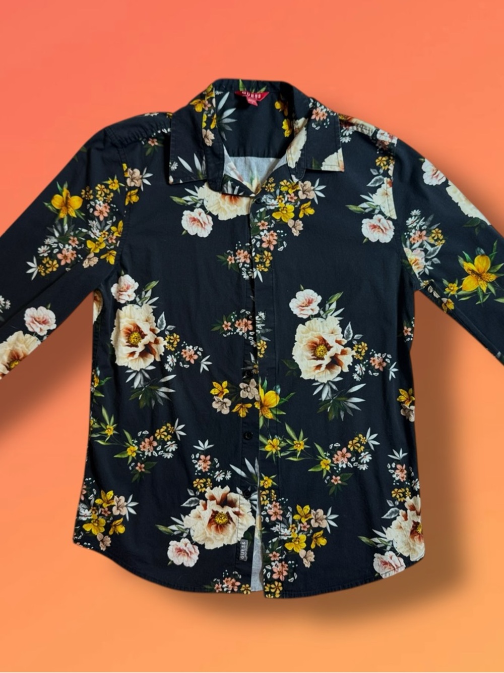 ✨GUESS✨ Men's Black Floral Button-Up Shirt - Casual Dress Shirt